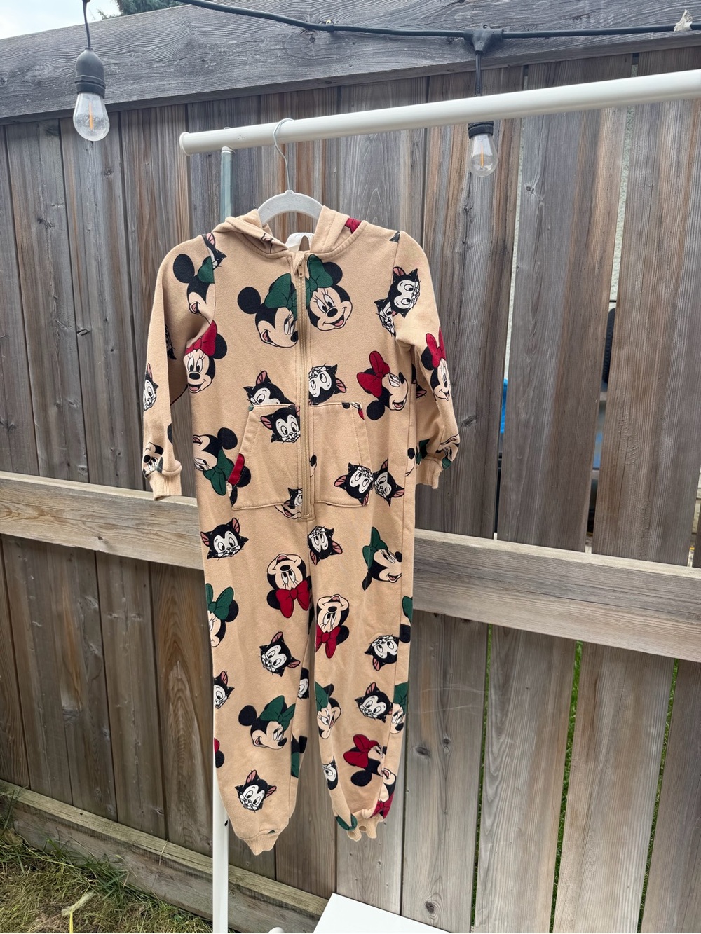 H&M Beige Minnie Mouse Fleece Hooded One-Piece with Red & Green Accents